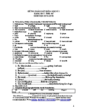 Đề thi khảo sát giữa học kì I môn Tiếng Anh Lớp 7 - Năm học 2015-2016